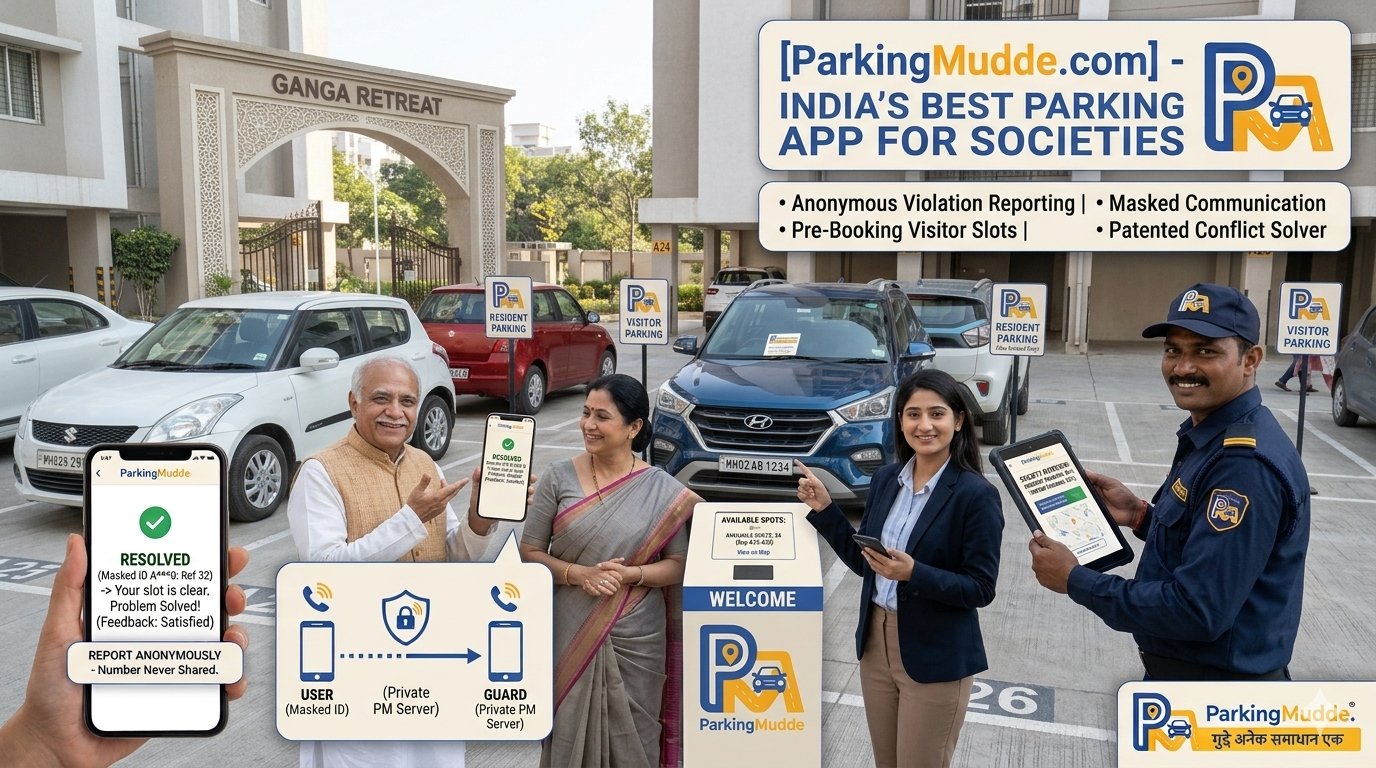 A group of smiling Indian residential society committee members and residents standing outside a modern clubhouse entrance, collaboratively looking at a tablet showing the ParkingMudde Platform dashboard, against a backdrop of perfectly organized, numbered residential parking spaces.