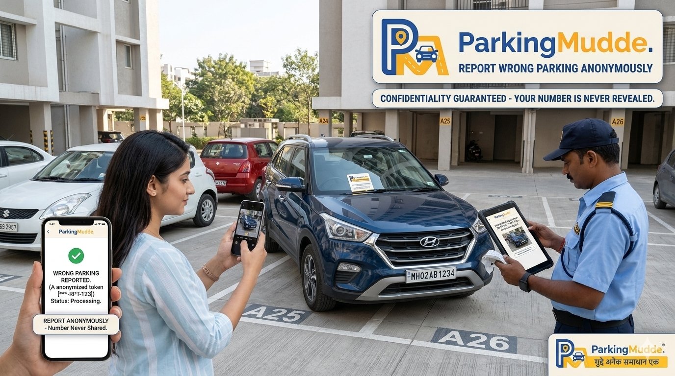 A close-up of a person using the ParkingMudde smartphone app to scan a wrongly parked vehicle's number plate, with a privacy shield overlay highlighting secure, anonymous number masking in an Indian esidential society.
