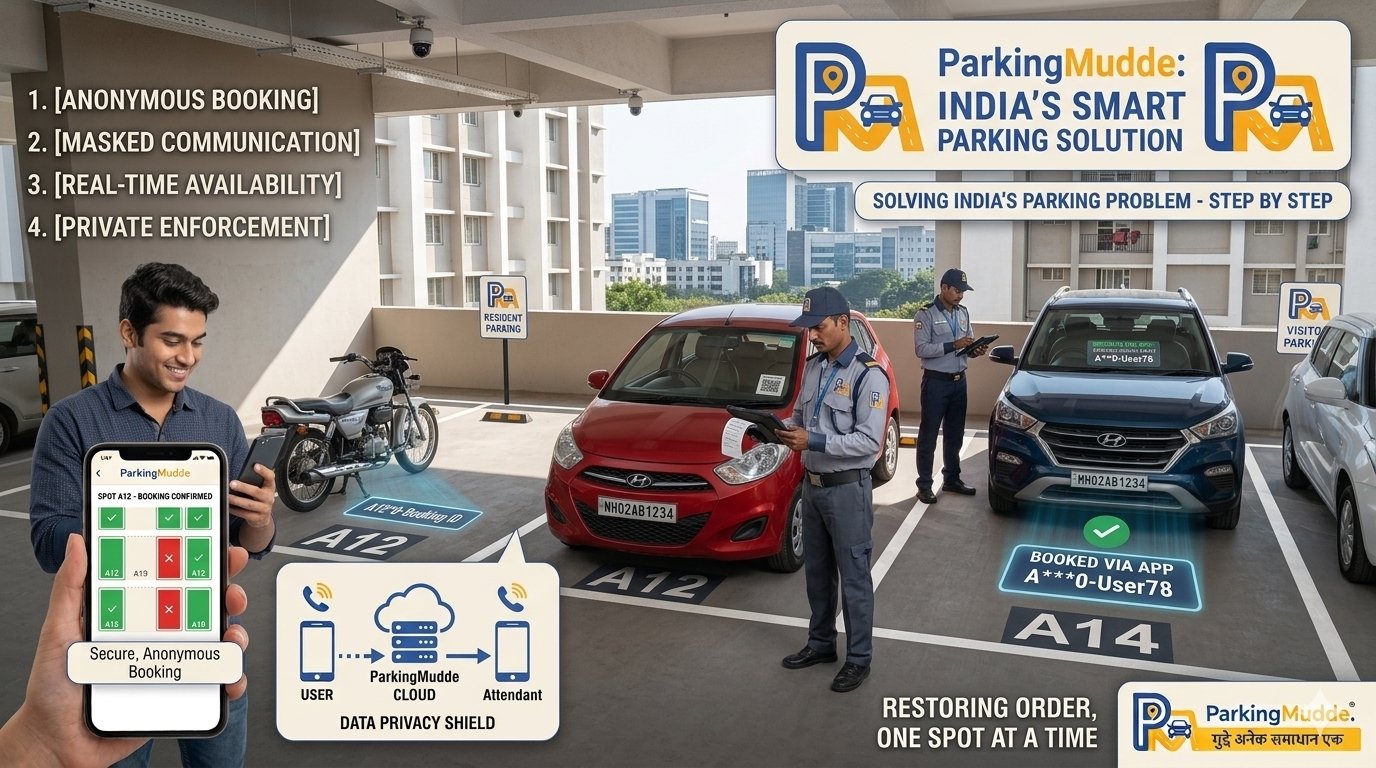 A man verifying his anonymous booking confirmation on the ParkingMudde application inside a modern, organized multi-level apartment parking garage with security guards scanning QR codes.