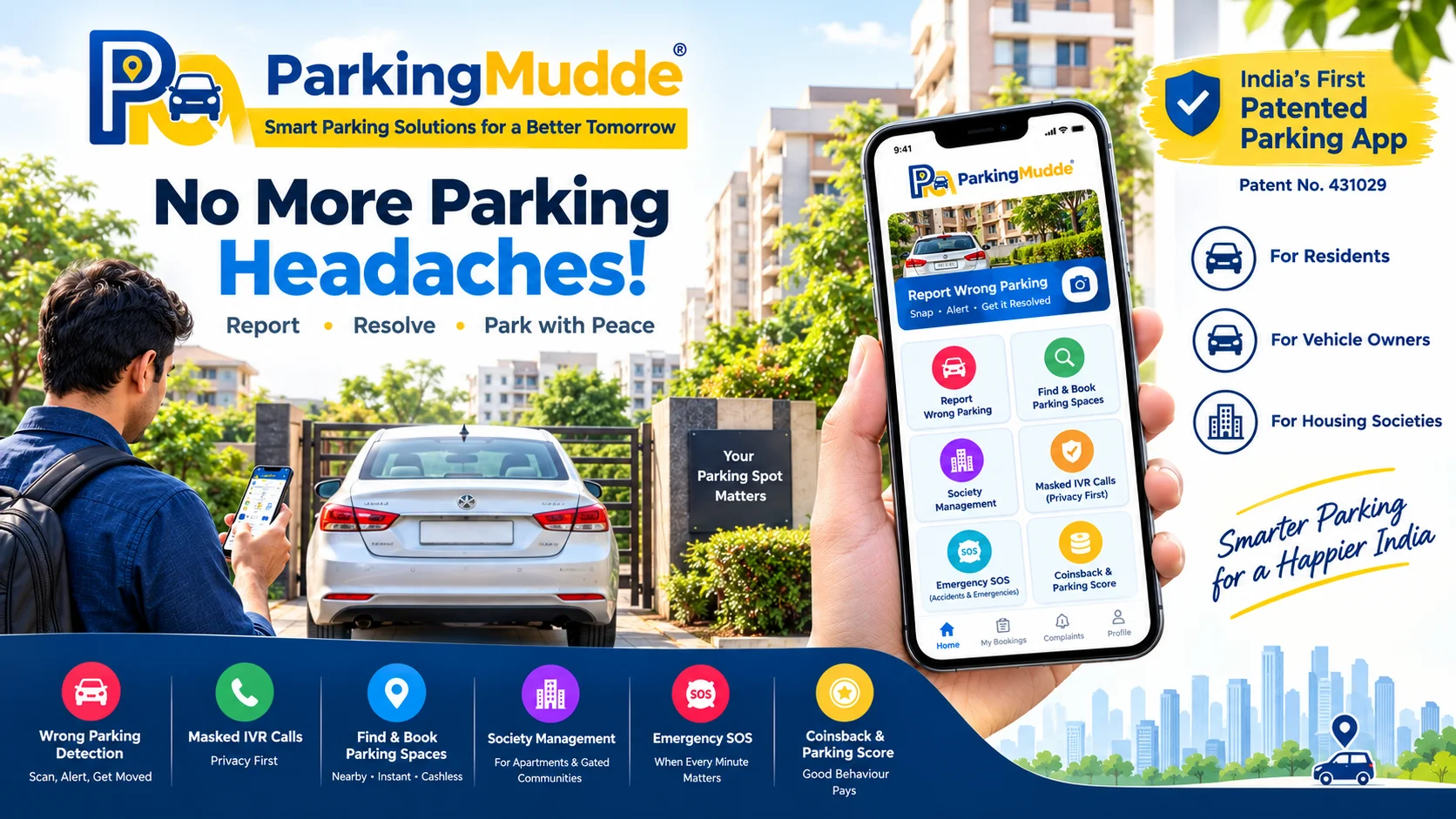 ParkingMudde smart parking app in India for wrong parking detection, masked IVR calls, parking booking and society management